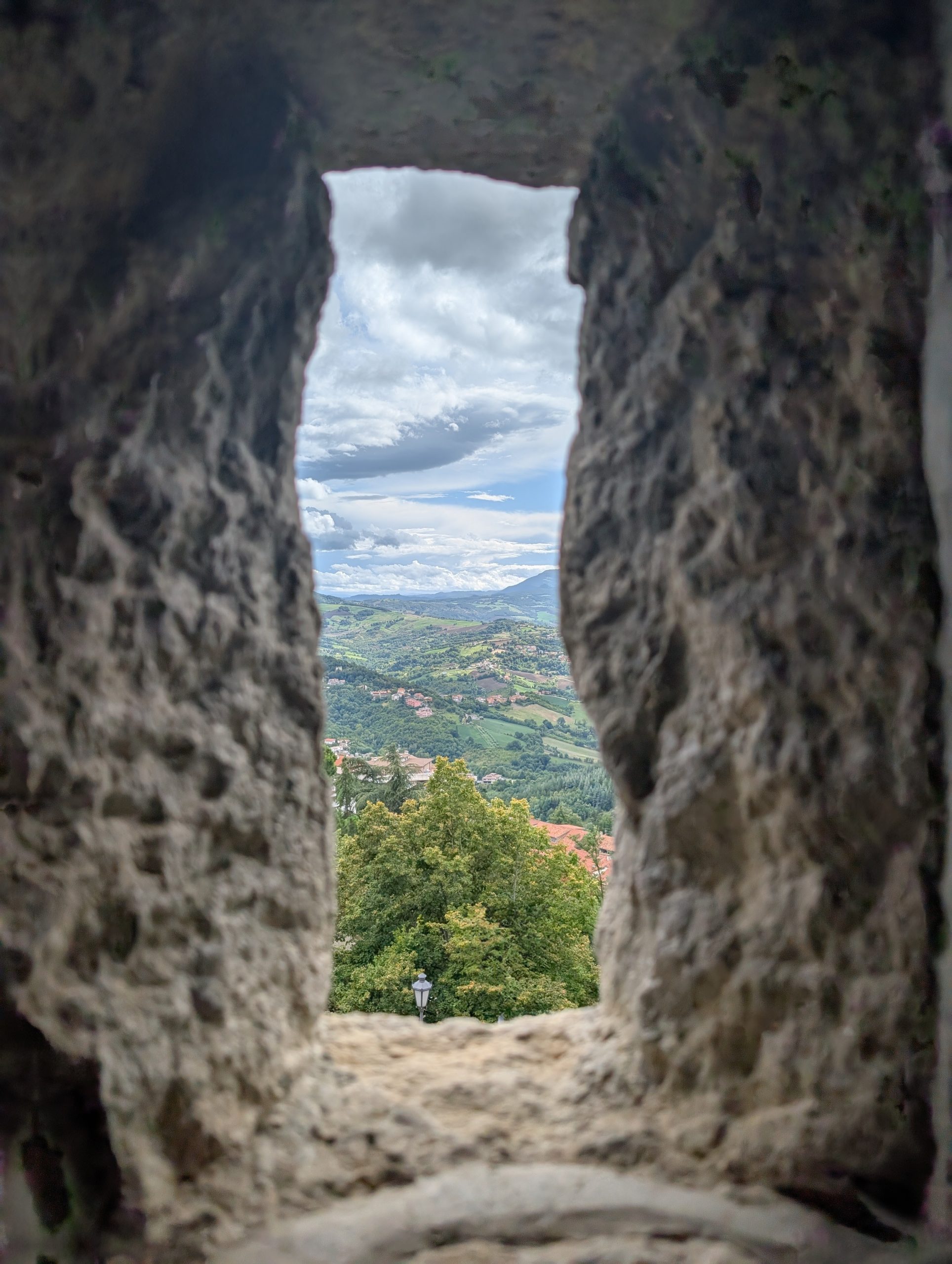 Scenery view from San Marino Castle through window viewpoint